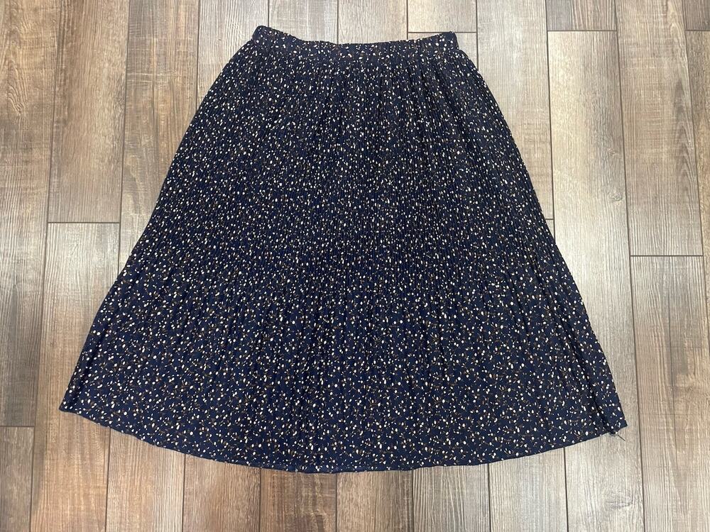 Eden & Olivia Pleated Blue Floral Midi Elastic Waist Skirt L Retro Prairie Lined